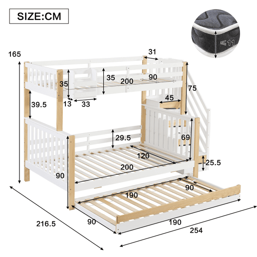 Beliche + cama extra 90x200&120x200 - com proteção anti-queda, grade, três posições de cama, escada de canto, design especial da porta - Branco+Natural