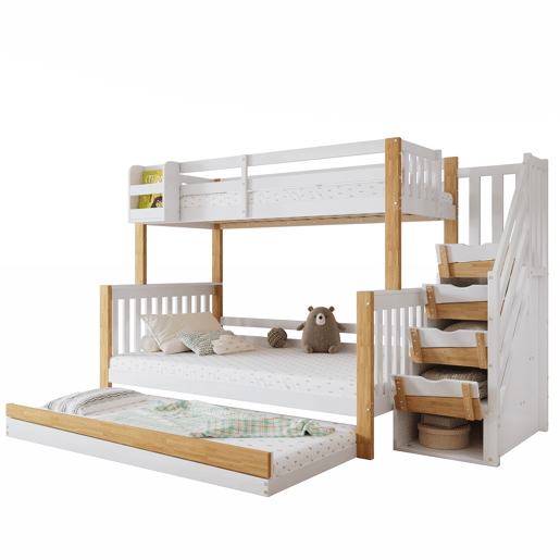 Beliche + cama extra 90x200&120x200 - com proteção anti-queda, grade, três posições de cama, escada de canto, design especial da porta - Branco+Natural