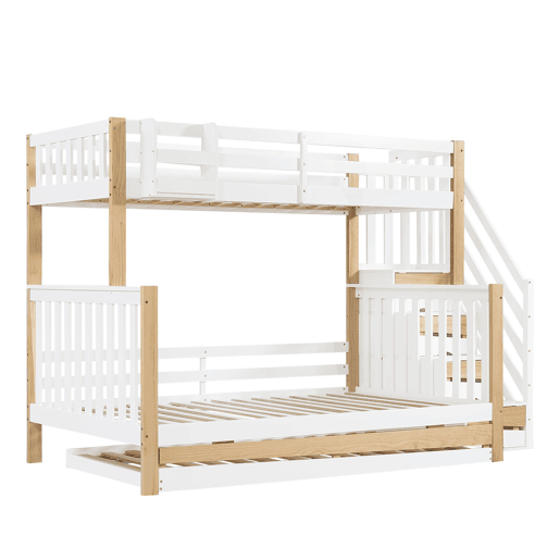 Beliche + cama extra 90x200&120x200 - com proteção anti-queda, grade, três posições de cama, escada de canto, design especial da porta - Branco+Natural