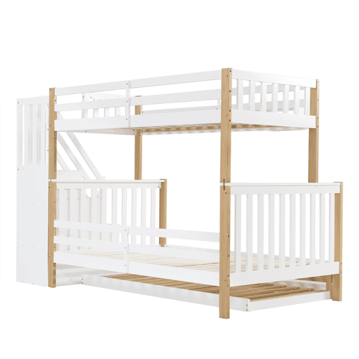 Beliche + cama extra 90x200&120x200 - com proteção anti-queda, grade, três posições de cama, escada de canto, design especial da porta - Branco+Natural