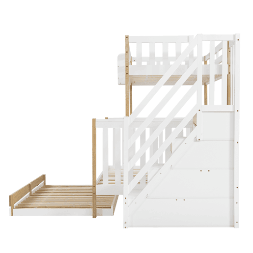 Beliche + cama extra 90x200&120x200 - com proteção anti-queda, grade, três posições de cama, escada de canto, design especial da porta - Branco+Natural