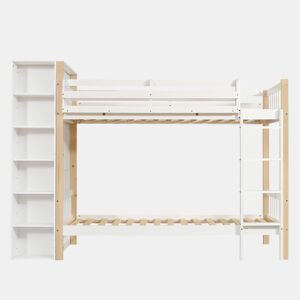 Beliche infantil 90x200cm - Com proteção contra quedas e barreira, com escada de 4 degraus, 6 prateleiras abertas, armário lateral - Branco+Natural