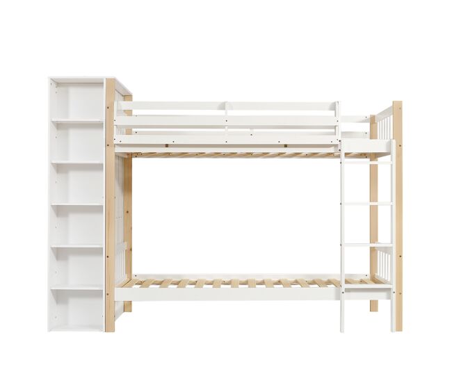 Litera infantil 90x200cm - con protección contra caídas y barrera, con escalera de 4 peldaños, 6 estantes abiertos, armario lateral - blanco+natural