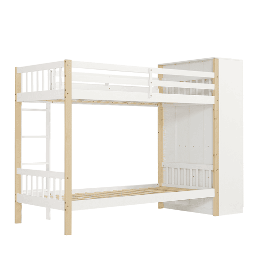 Beliche infantil 90x200cm - Com proteção contra quedas e barreira, com escada de 4 degraus, 6 prateleiras abertas, armário lateral - Branco+Natural