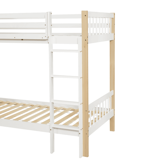 Beliche infantil 90x200cm - Com proteção contra quedas e barreira, com escada de 4 degraus, 6 prateleiras abertas, armário lateral - Branco+Natural