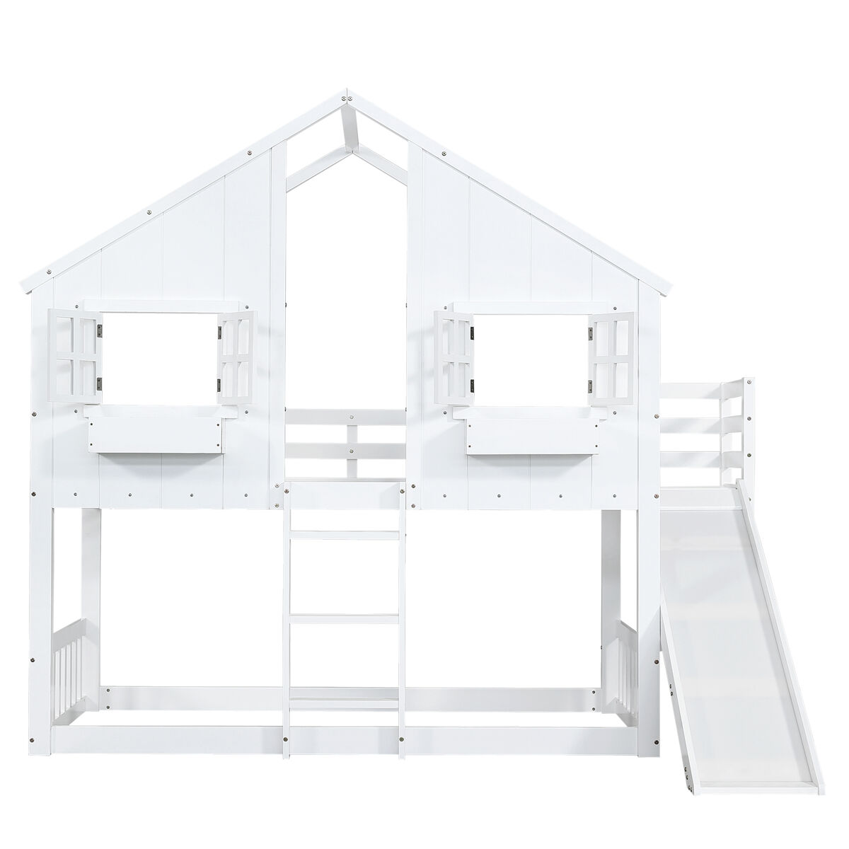 cama litera 90x200cm - con tobogan techo y ventana con proteccion anticaida y escalera de 3 peldanos - blanca