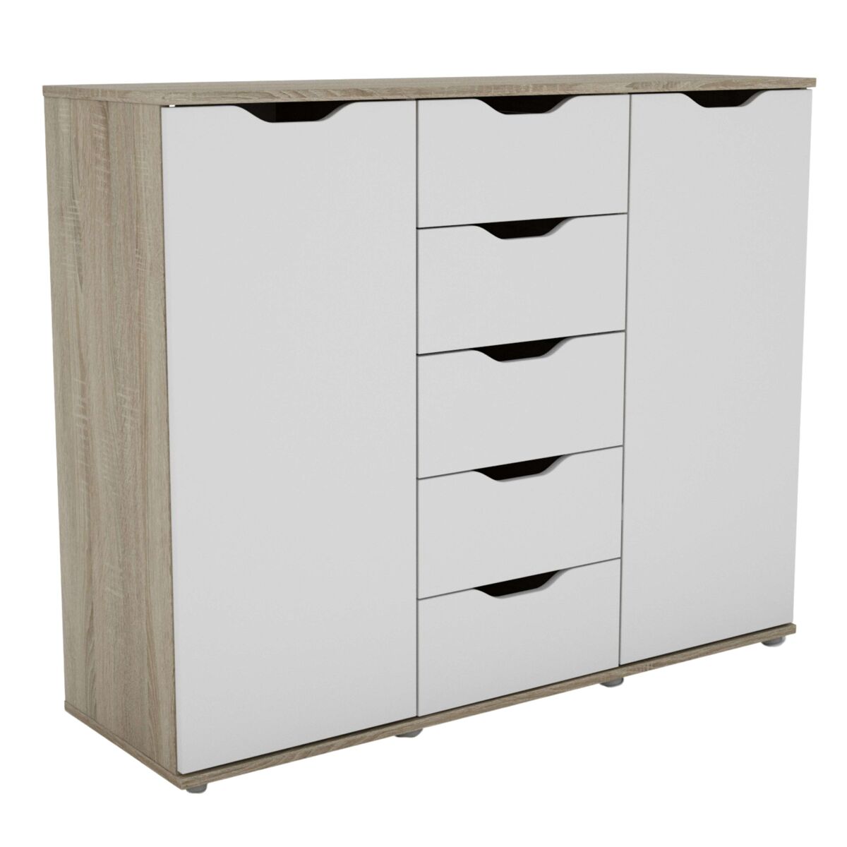 Aparador de 2 puertas, buffet para salón, 5 cajones parc roble sonoma y blanco mate 120x97x38 cm