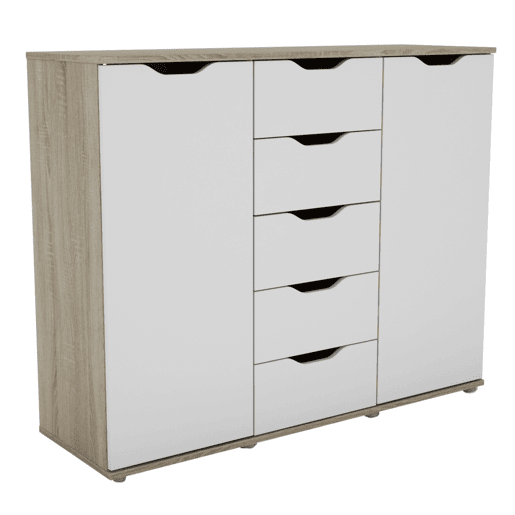 Aparador de 2 portas, Buffet para sala de estar, 5 gavetas, Carvalho Parc Sonoma e Branco fosco, 120x97x38 cm