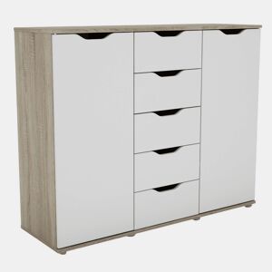Aparador de 2 portas, Buffet para sala de estar, 5 gavetas, Carvalho Parc Sonoma e Branco fosco, 120x97x38 cm