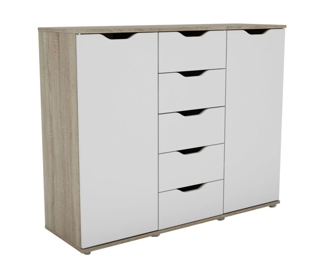 Aparador de 2 puertas, buffet para salón, 5 cajones parc roble sonoma y blanco mate 120x97x38 cm