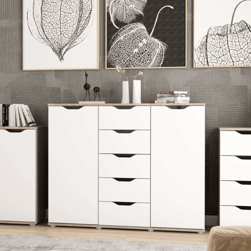 Aparador de 2 portas, Buffet para sala de estar, 5 gavetas, Carvalho Parc Sonoma e Branco fosco, 120x97x38 cm