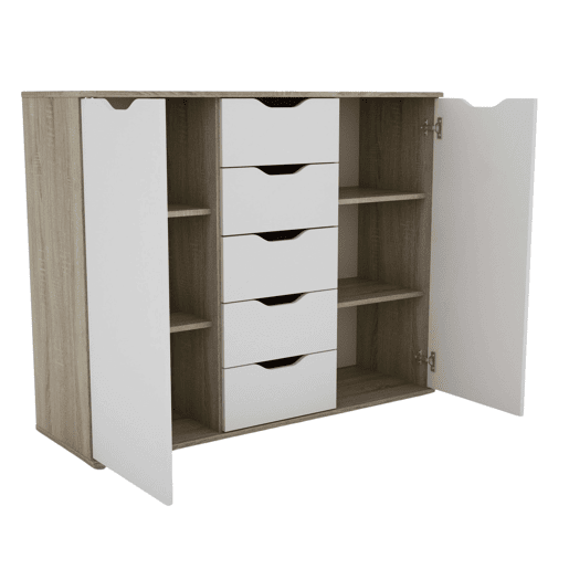 Aparador de 2 portas, Buffet para sala de estar, 5 gavetas, Carvalho Parc Sonoma e Branco fosco, 120x97x38 cm