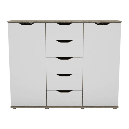 Aparador de 2 portas, Buffet para sala de estar, 5 gavetas, Carvalho Parc Sonoma e Branco fosco, 120x97x38 cm