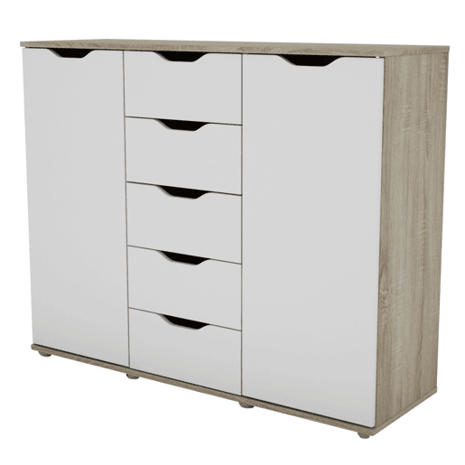 Aparador de 2 portas, Buffet para sala de estar, 5 gavetas, Carvalho Parc Sonoma e Branco fosco, 120x97x38 cm
