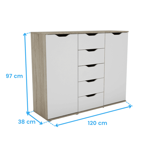 Aparador de 2 portas, Buffet para sala de estar, 5 gavetas, Carvalho Parc Sonoma e Branco fosco, 120x97x38 cm