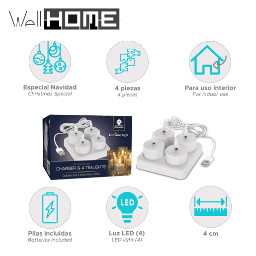 Well Home Conjunto de 4 velas LED piscantes com base de carregamento - Luzes quentes e aconchegantes para casa