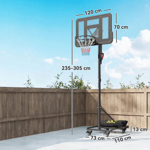 SPORTNOW Tabela de Basquetebol para Exterior Altura Ajustável 235-305 cm Tabela de Basquetebol Portátil com Placa Irrompível 110 cm Saco de Peso e Rodas para Adolescentes e Adultos Preto
