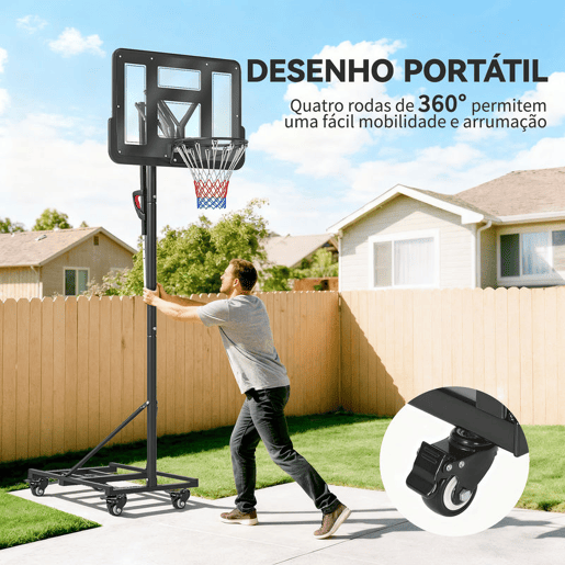 SPORTNOW Tabela de Basquetebol para Exterior Altura Ajustável 235-305 cm Tabela de Basquetebol Portátil com Placa Irrompível 110 cm Saco de Peso e Rodas para Adolescentes e Adultos Preto