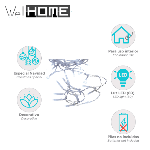 Luzes de corda LED brancas Well Home 80 com cabo transparente Luzes de corda LED brancas Well Home 80 com cabo transparente
