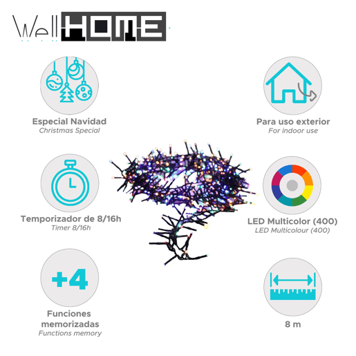 Conjunto de luzes LED multicoloridas Well Home 400 com controlador - 8 metros de comprimento