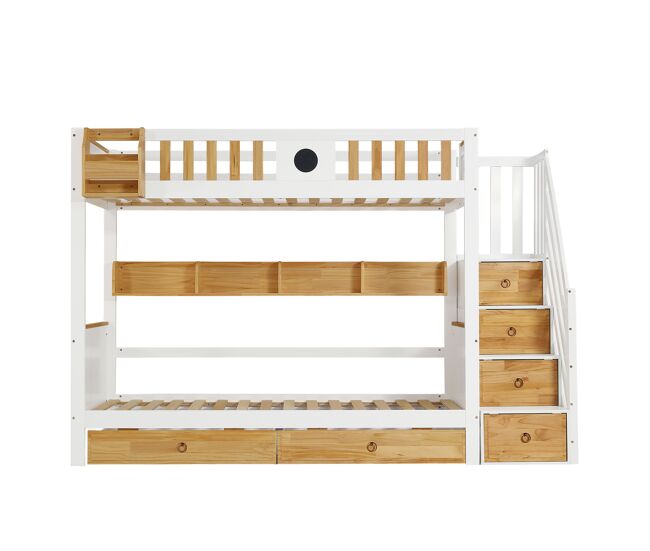 Cama litera 90x200cm - con almacenamiento, con 4 compartimentos en la escalera, con barandilla de seguridad y 2 cajones - blanco+natural
