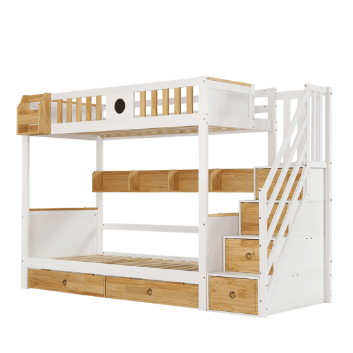 Beliche 90x200cm - Com arrumação, com 4 compartimentos na escada, com grade de segurança e 2 gavetas - Branco+Natural