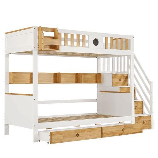 Beliche 90x200cm - Com arrumação, com 4 compartimentos na escada, com grade de segurança e 2 gavetas - Branco+Natural