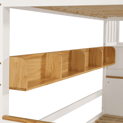 Beliche 90x200cm - Com arrumação, com 4 compartimentos na escada, com grade de segurança e 2 gavetas - Branco+Natural