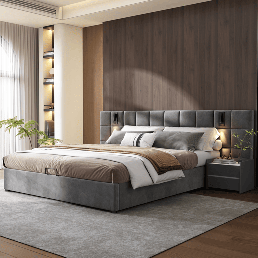 Cama estofada 160*200 - Cama com arrumação hidráulica, candeeiro direcionável e carregador USB, cabeceira acolchoada, padrão xadrez, estrutura em aço - cinzento