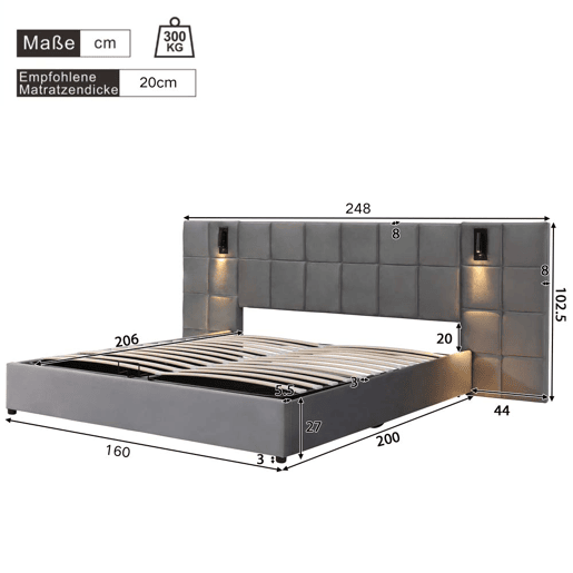 Cama estofada 160*200 - Cama com arrumação hidráulica, candeeiro direcionável e carregador USB, cabeceira acolchoada, padrão xadrez, estrutura em aço - cinzento