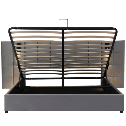 Cama estofada 160*200 - Cama com arrumação hidráulica, candeeiro direcionável e carregador USB, cabeceira acolchoada, padrão xadrez, estrutura em aço - cinzento