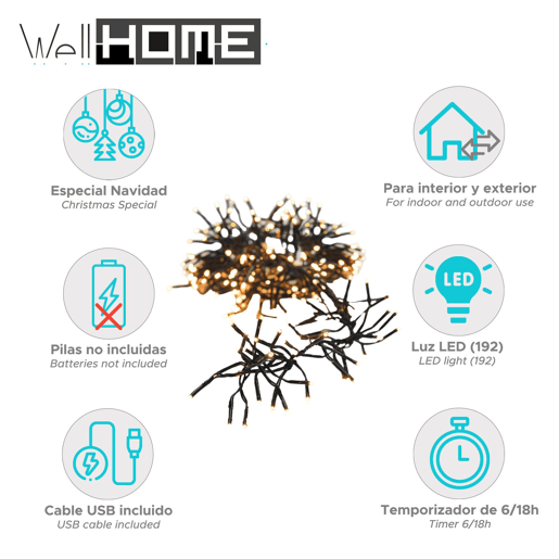 Well Home 182 Luzes de LED Branco Quente com 8 Funções e Temporizador - 1,4 Metros