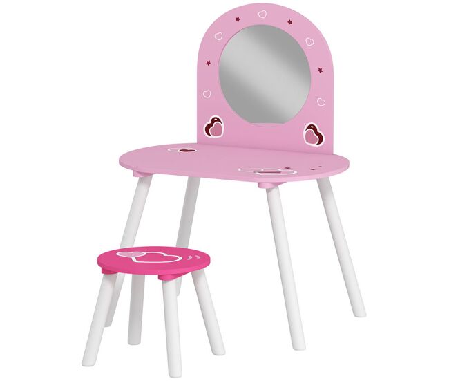 Aiyaplay tocador infantil con taburete y espejo, tocador para niñas con dibujos de corazones, mesa de maquillaje para niños y niñas de 3-6 años, rosa