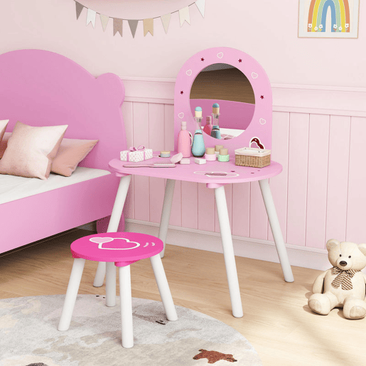AIYAPLAY Toucador Infantil com Banco e Espelho Toucador para Meninas com Desenhos de Corações Mesa de Maquilhagem para Crianças de 3-6 Anos 60x43,5x83 cm Rosa