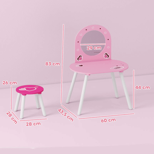 AIYAPLAY Toucador Infantil com Banco e Espelho Toucador para Meninas com Desenhos de Corações Mesa de Maquilhagem para Crianças de 3-6 Anos 60x43,5x83 cm Rosa