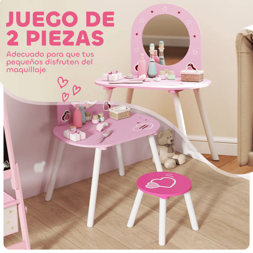 AIYAPLAY Toucador Infantil com Banco e Espelho Toucador para Meninas com Desenhos de Corações Mesa de Maquilhagem para Crianças de 3-6 Anos 60x43,5x83 cm Rosa