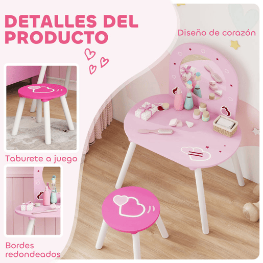 AIYAPLAY Toucador Infantil com Banco e Espelho Toucador para Meninas com Desenhos de Corações Mesa de Maquilhagem para Crianças de 3-6 Anos 60x43,5x83 cm Rosa