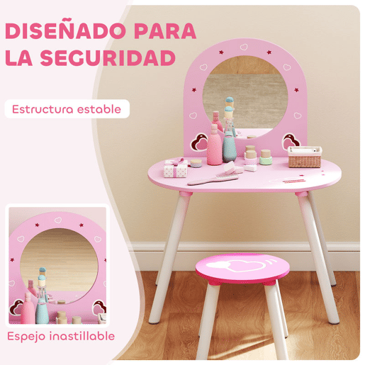 AIYAPLAY Toucador Infantil com Banco e Espelho Toucador para Meninas com Desenhos de Corações Mesa de Maquilhagem para Crianças de 3-6 Anos 60x43,5x83 cm Rosa