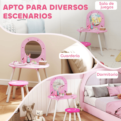 AIYAPLAY Toucador Infantil com Banco e Espelho Toucador para Meninas com Desenhos de Corações Mesa de Maquilhagem para Crianças de 3-6 Anos 60x43,5x83 cm Rosa