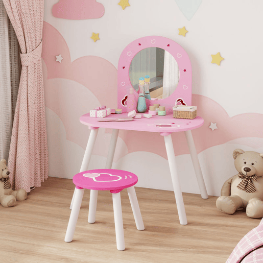 AIYAPLAY Toucador Infantil com Banco e Espelho Toucador para Meninas com Desenhos de Corações Mesa de Maquilhagem para Crianças de 3-6 Anos 60x43,5x83 cm Rosa