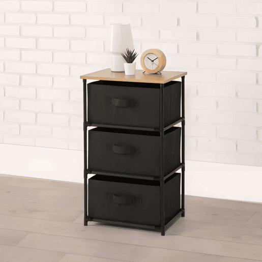 Cômoda Auxiliar Roda Interior com 3 Gavetas em Carvalho Cambriano e Tecido Preto 40x68x30 cm