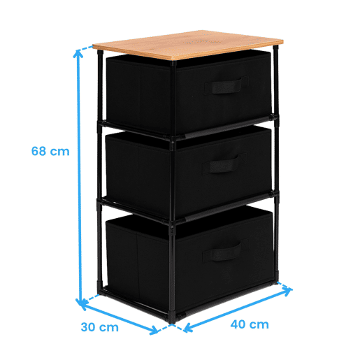 Cômoda Auxiliar Roda Interior com 3 Gavetas em Carvalho Cambriano e Tecido Preto 40x68x30 cm
