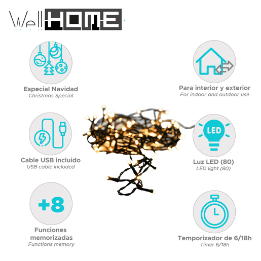 Well Home 80 Luzes de LED Branco Quente com 8 Funções e Temporizador - 3 Metros Well Home 80 Luzes de LED Branco Quente com 8 Funções e Temporizador - 3 Metros