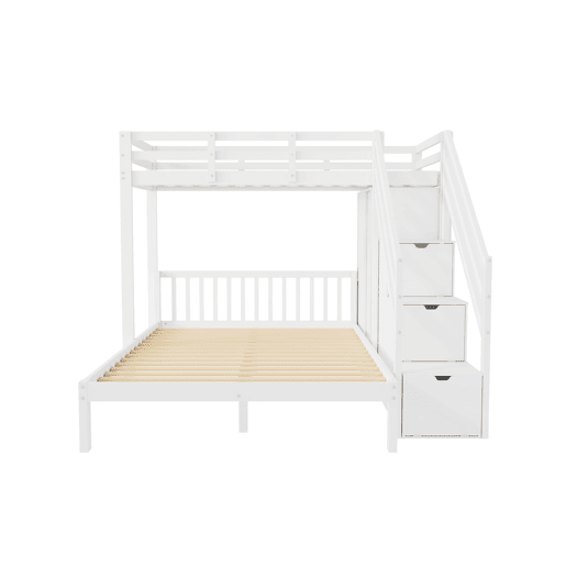 Cama beliche infantil + 90x200cm+140x200cm - Multifuncional com armário e escada de arrumação, grande espaço de arrumação - Branco