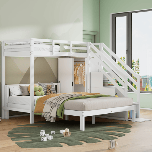 Cama beliche infantil + 90x200cm+140x200cm - Multifuncional com armário e escada de arrumação, grande espaço de arrumação - Branco