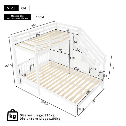 Cama beliche infantil + 90x200cm+140x200cm - Multifuncional com armário e escada de arrumação, grande espaço de arrumação - Branco