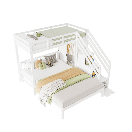 Cama beliche infantil + 90x200cm+140x200cm - Multifuncional com armário e escada de arrumação, grande espaço de arrumação - Branco