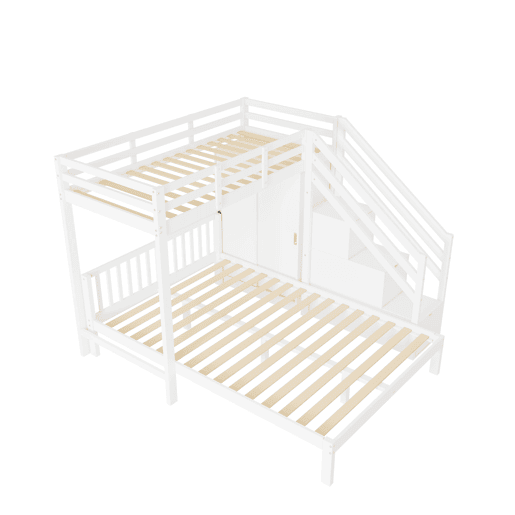 Cama beliche infantil + 90x200cm+140x200cm - Multifuncional com armário e escada de arrumação, grande espaço de arrumação - Branco