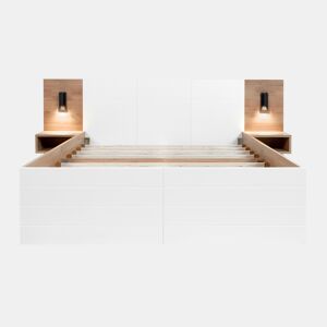 Cama de casal 140x200cm - Com 2 gavetas, cabeceira com luz de leitura e função de carregamento USB, inclui 2 mesas de cabeceira, estrado e estrutura - CarvalhoBranco