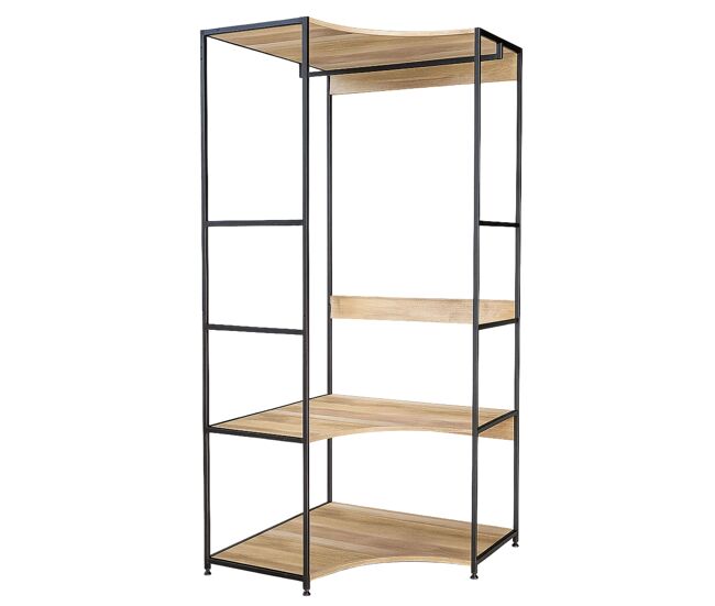 Vestidor esquinero abierto lofi de dormitorio 2 estantes y barra roble cambrian y negro 80x175x80 cm